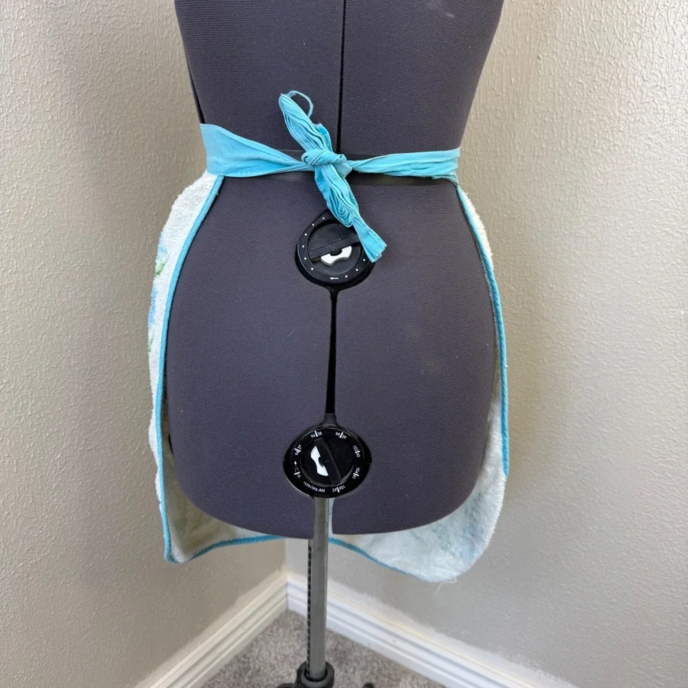 Vintage Terry Cloth Towel Half Apron Blue Floral Pocket Handmade Retro Kitchen